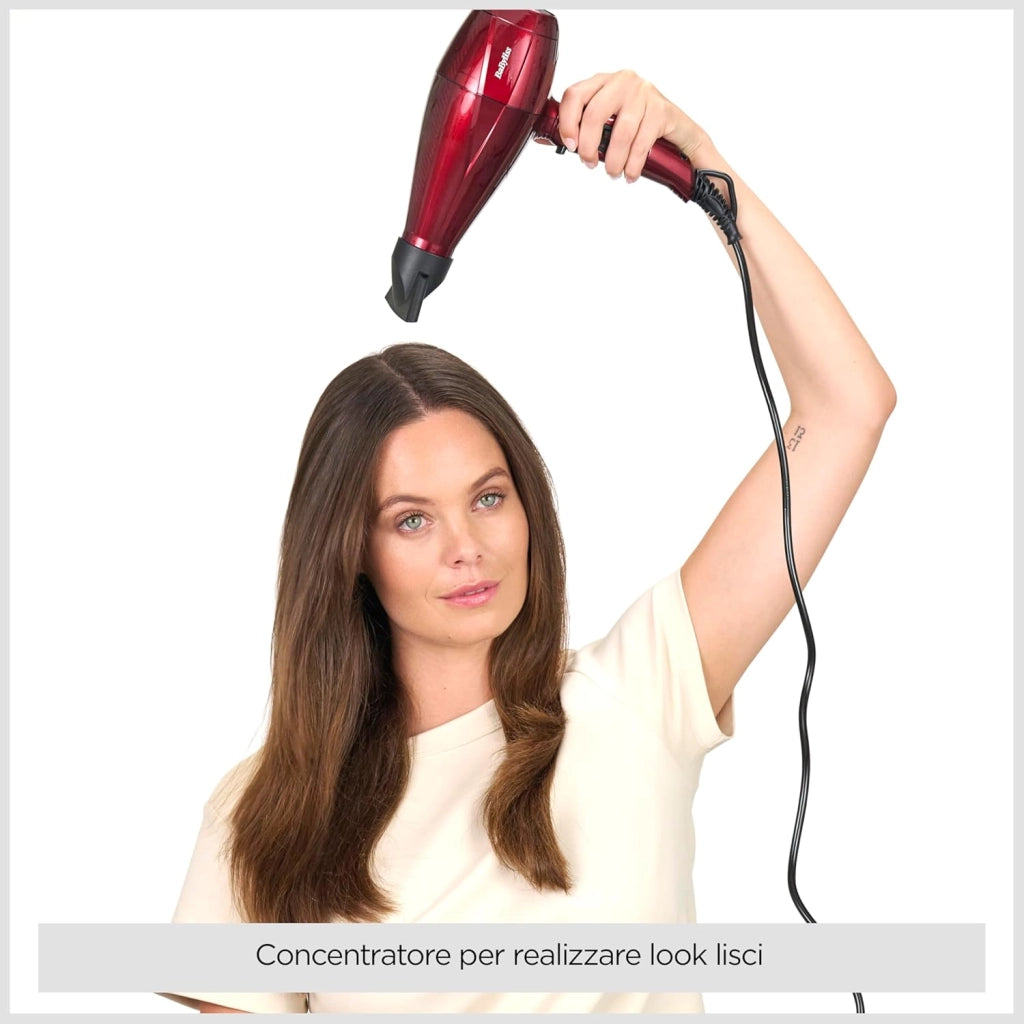 Asciugacapelli Made In Italy con Motore Digitale 2200W, Phon Capelli, asciugatura ultra-rapida, funzione ionica, 3 temperature, 4 velocità, tasto turbo, diffusore, concentratori, rosso