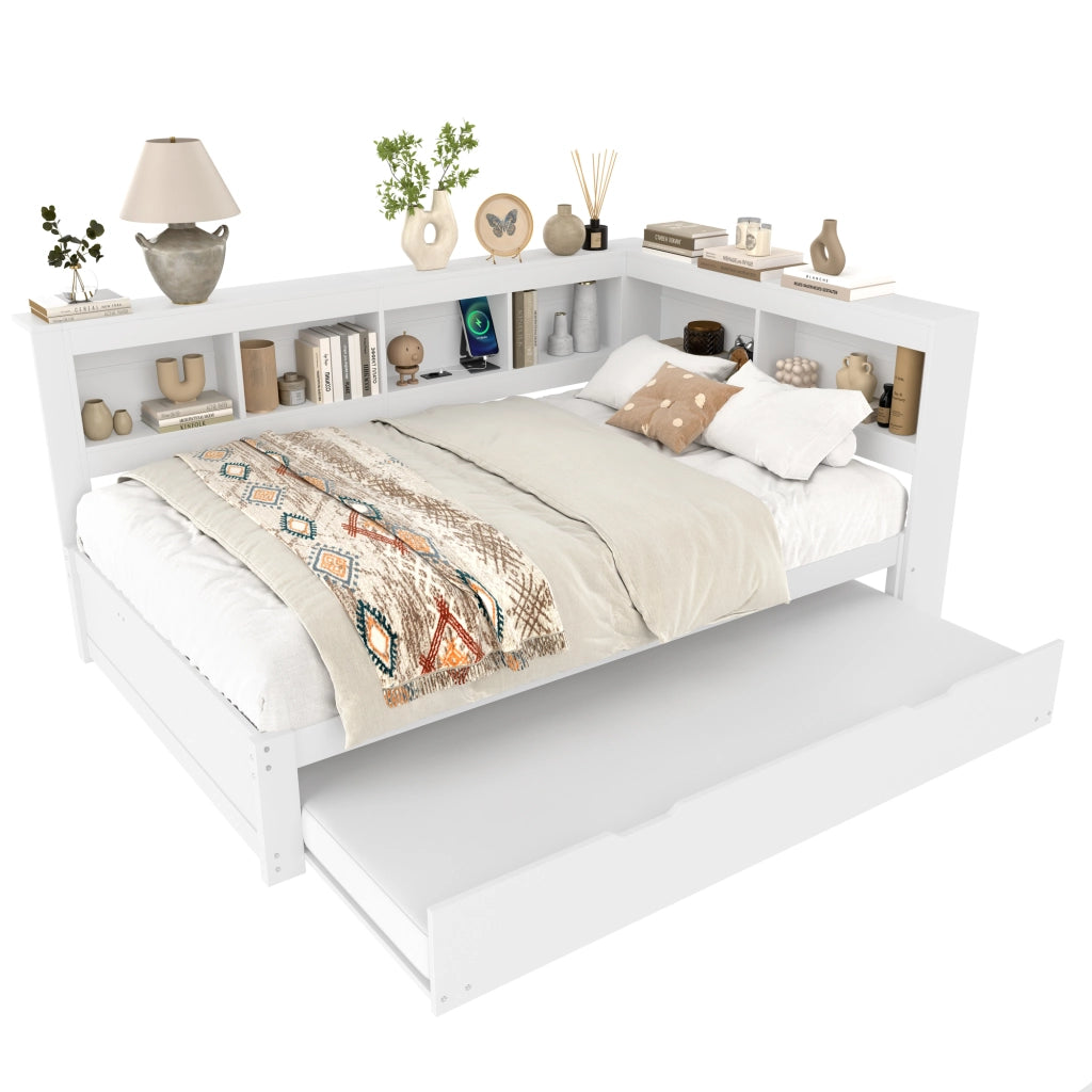 Letto estraibile matrimoniale 140×200 cm con prese e 2 USB; 2 cassetti; senza materasso; bianco