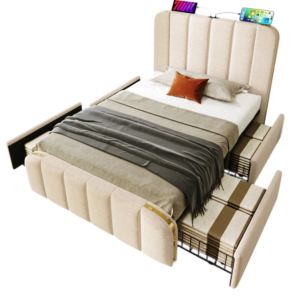 Letto singolo imbottito 90x200 cm con 4 cassetti, USB e materasso incluso