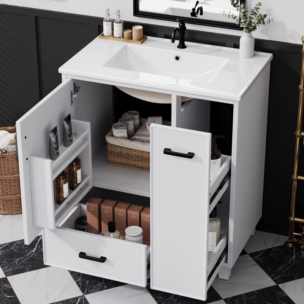 Mobile bagno con lavabo integrato in ceramica 76,5x47x82 cm bianco, 2 cassetti e anta con ripiani interni