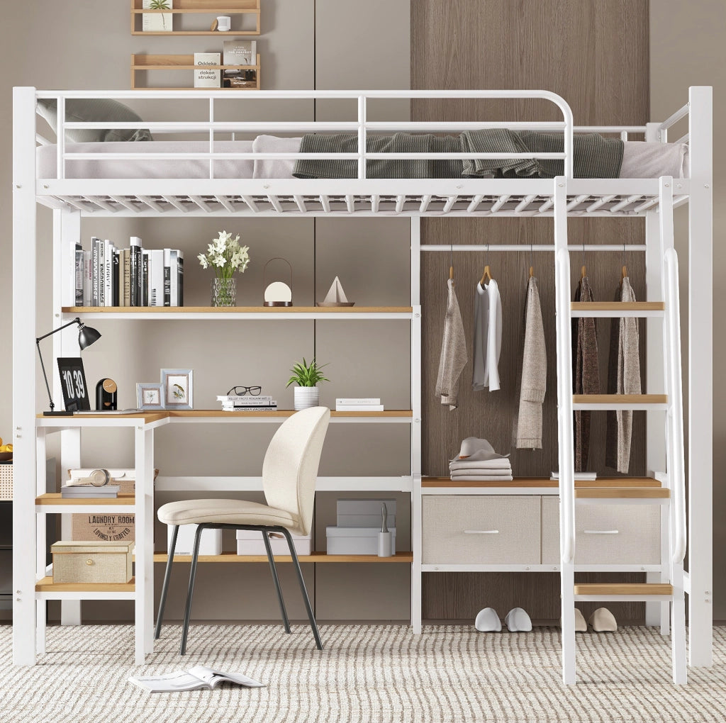 Letto a soppalco 90x200 con scrivania e scaffale bianco naturale