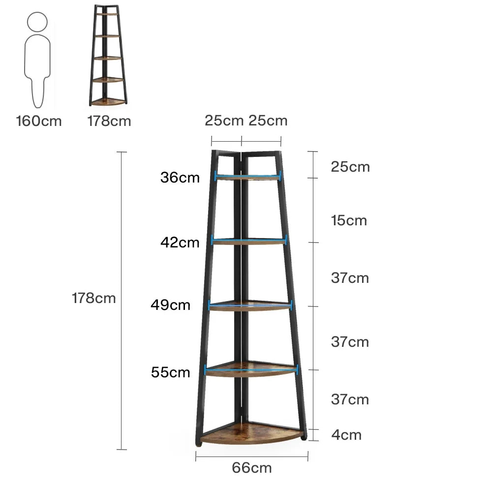 Scaffale angolare a 5 ripiani in metallo e legno
