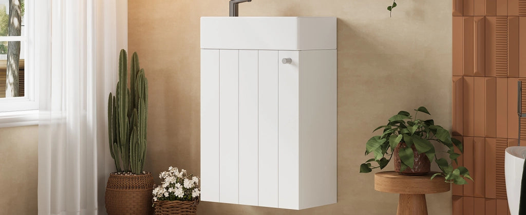 Mobile sottolavabo sospeso da bagno con 1 anta e chiusura soft-close, in MDF e ceramica, bianco, 41 × 23 × 62,5 cm
