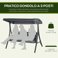 Dondolo da Giardino 3 Posti 202x115x168 cm con Tettuccio Regolabile in Acciaio e Poliestere Grigio Scuro