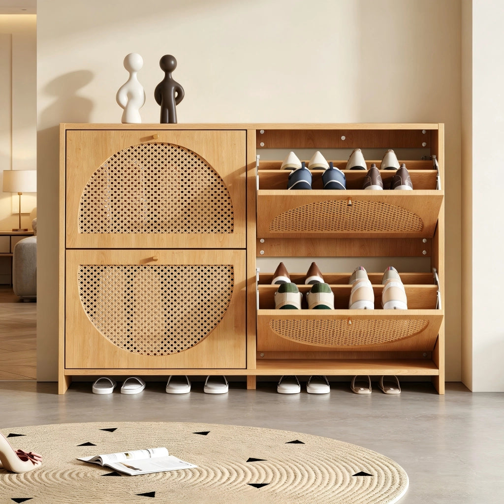 Scarpiera moderna 120¡Á24¡Á90 cm con 4 ante a ribalta, 8 scomparti, 2 ganci, struttura in MDF e ante in stile rattan, colore naturale