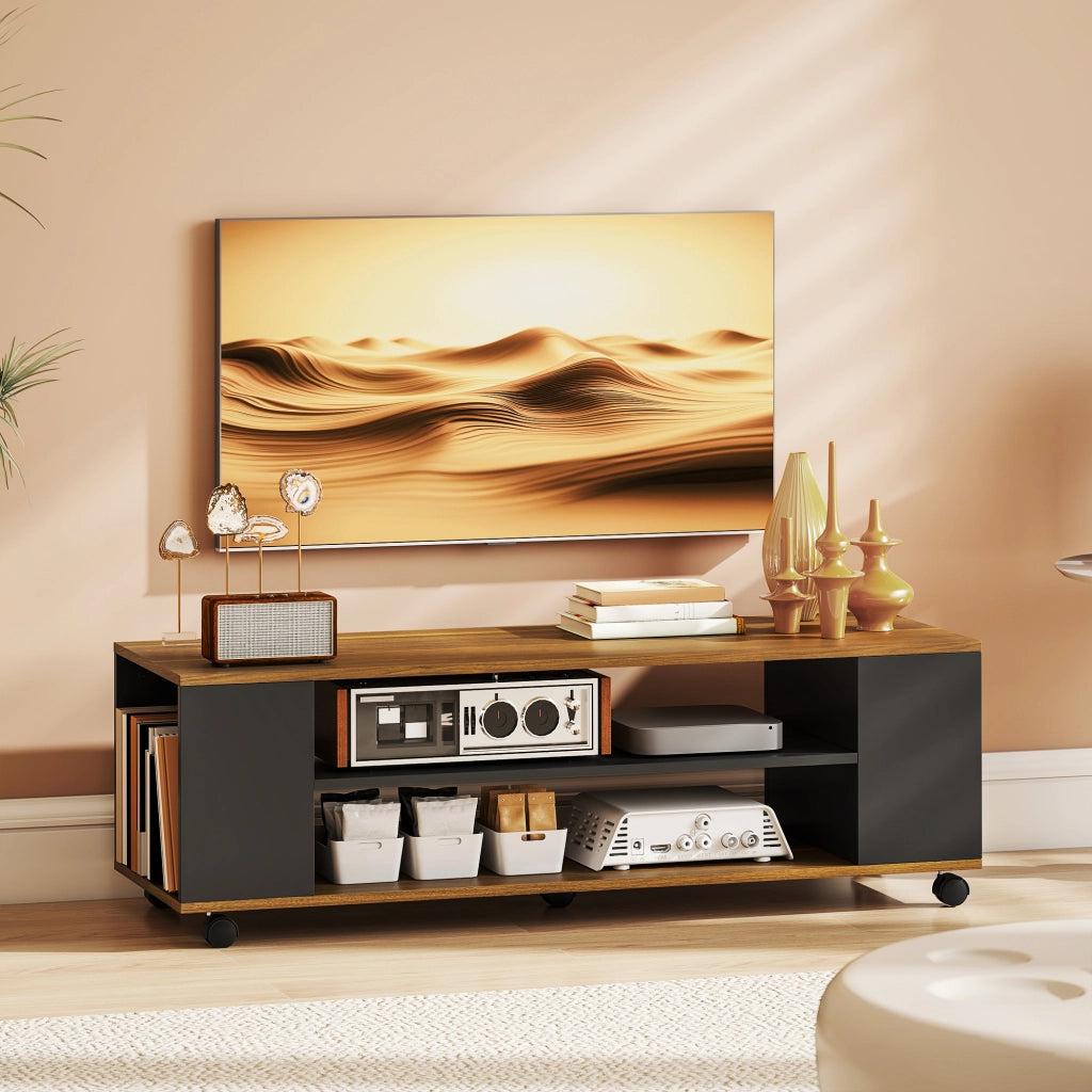 Mobile TV con ruote ¨C Xylo ¨C 4 ripiani, legno noce e nero, 120x40x38,5 cm