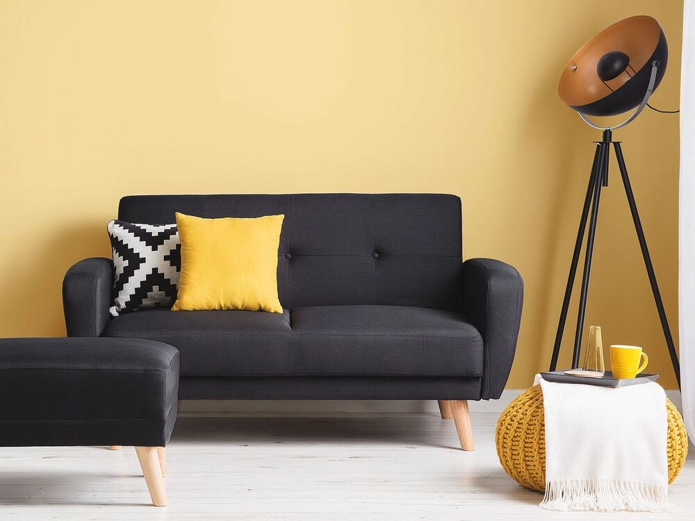 Divano Letto Rivestito In Tessuto Nero 2 Posti Trasformabile Gambe In Legno Soggiorno Moderno E Minimalista
