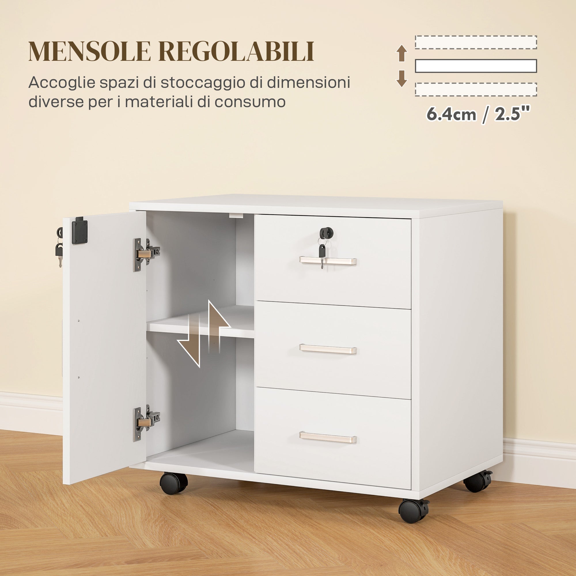 Cassettiera da Ufficio Schedario  con 3 Cassetti e Armadietto 60x40x56 cm in Legno Bianco