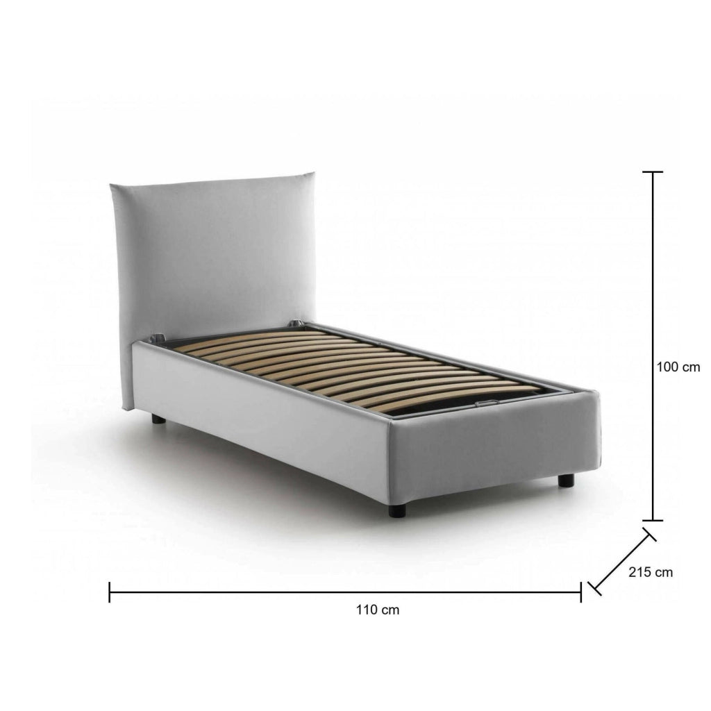 Letto singolo Ippolito, Letto contenitore con rivestimento in tessuto, Made in Italy, Apertura frontale, adatto per materasso cm 80x190, Bianco