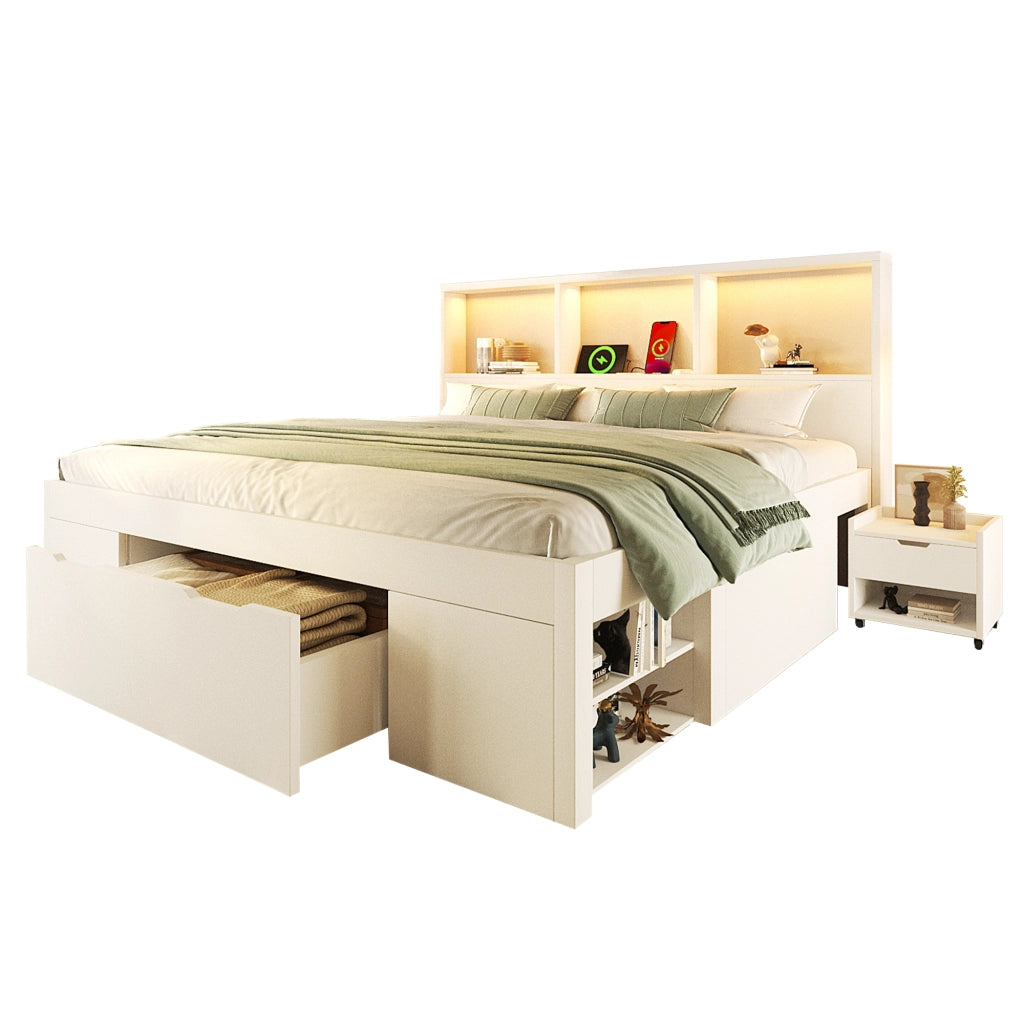 Letto funzionale con LED e USB-C - Zephmum- 140x190 cm- Bianco- Con cassetti e ripiani