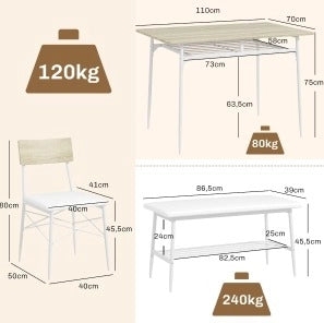 Set da pranzo con tavolo 110x70 cm; 2 sedie e panca salvaspazio in acciaio rovere