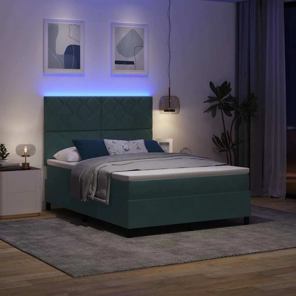 Letto a Sorgente LED Verde Scuro 140 x 200 cm Tessuto