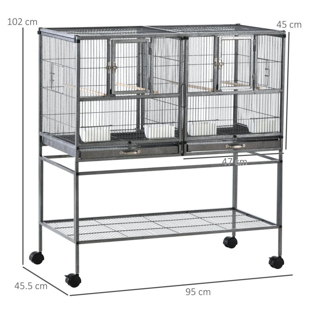 EasyComfort Doppia Gabbia per Uccelli in Metallo di Alta Qualità con Vassoi Estraibili, Supporto Stabile con 4 Ruote e Ripiano, 95x45.5x102cm, Nero Grigio