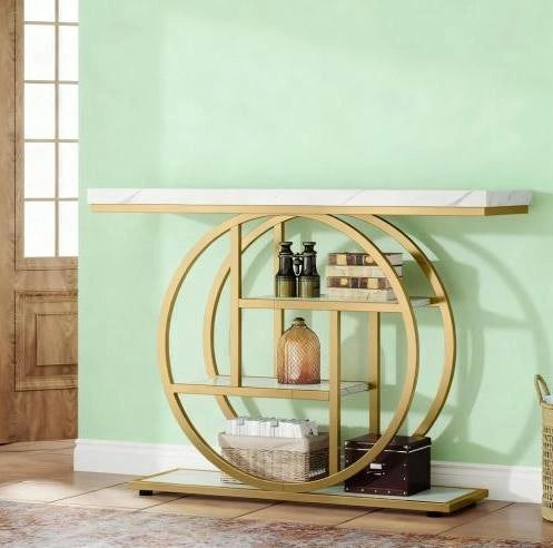 Tavolo consolle industriale a 4 livelli 105x30x80 cm in metallo e legno bianco e oro