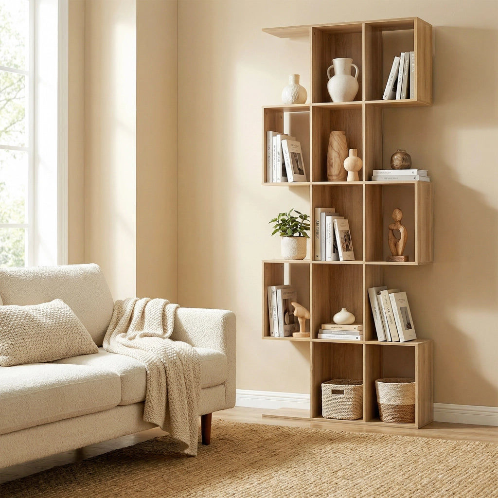 Libreria Scaffale a 5 Livelli a S  80x24x200 cm con 15 Ripiani in Legno Color Rovere