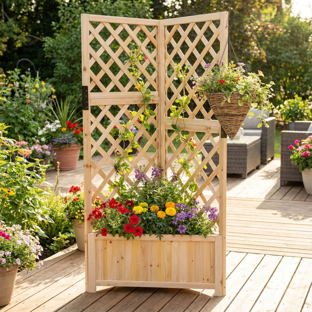 Letto da giardino rialzato ad angolo con traliccio e fori di drenaggio, Fioriera in legno per fiori verdure interno ed esterno Naturale