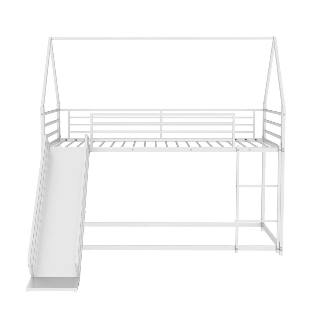 Letto a castello a casetta con scivolo e scala; metallo bianco; 90x190 cm; senza materasso