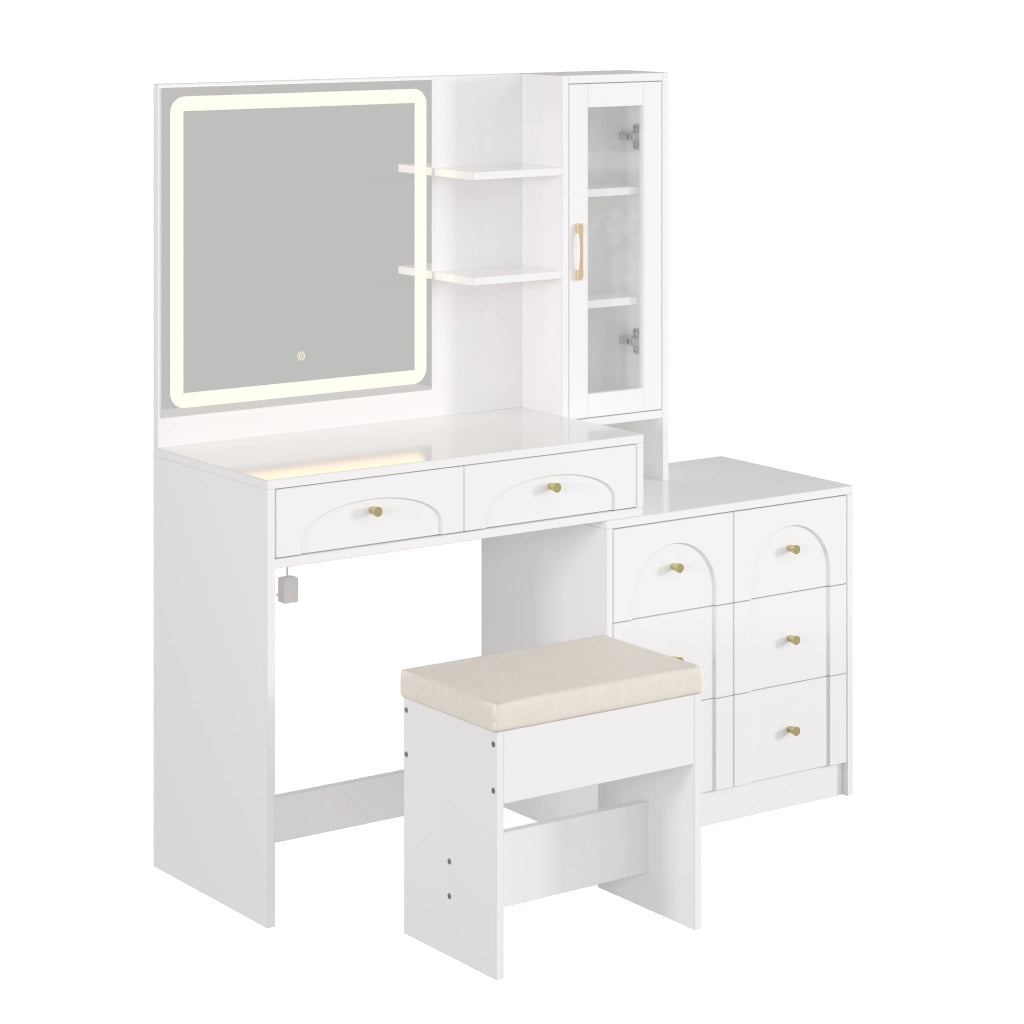 Tavolo da trucco moderno con specchio LED, 8 cassetti, vetrinetta in vetro e sgabello