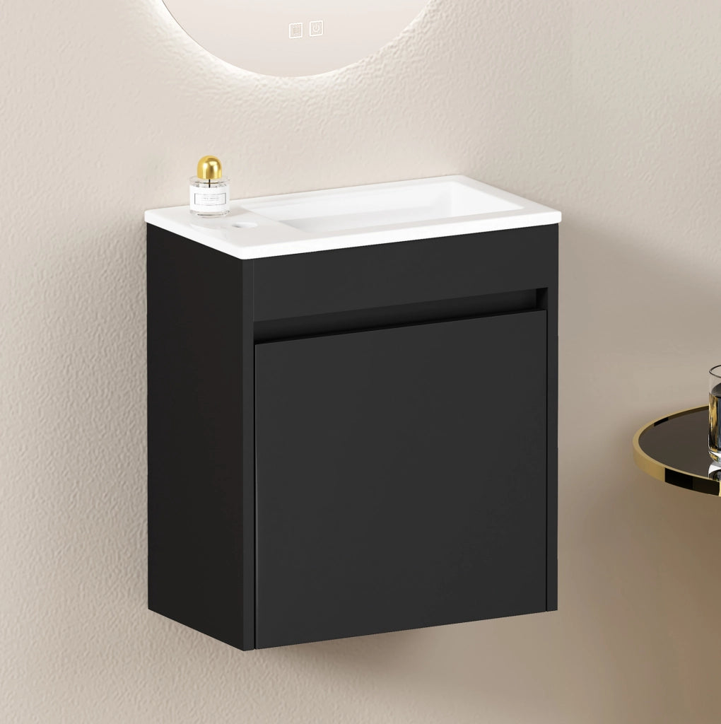Mobile bagno nero compatto 46 cm con porta soft-close per chiusura silenziosa