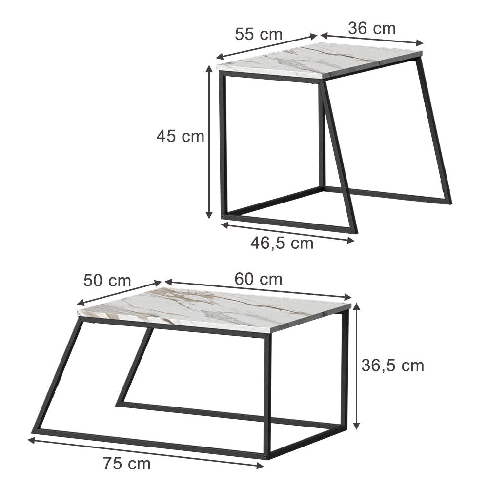 Vicco Tavolino da divano Nero/marmo-bianco 60 x 50 cm 2 parti