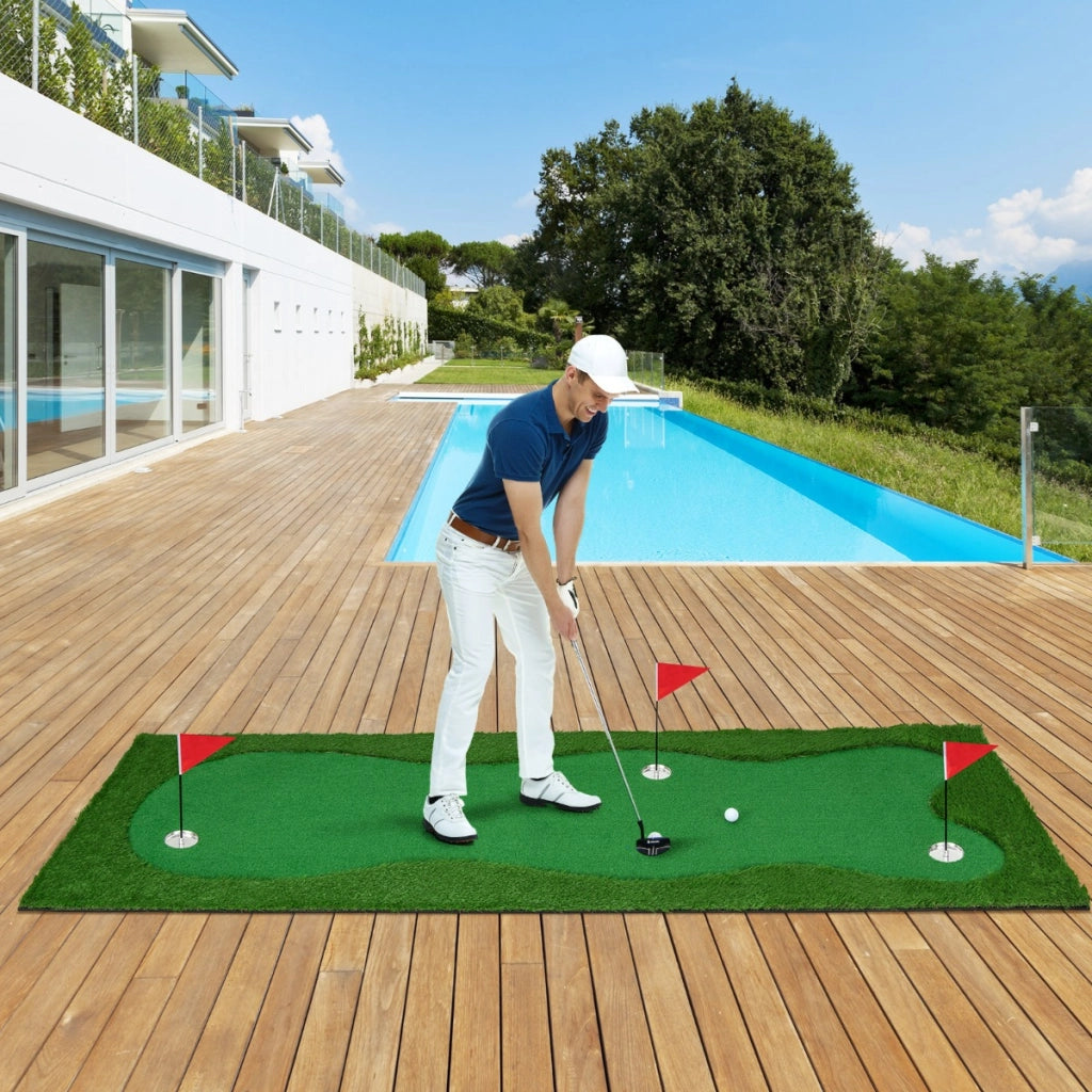 Campo da golf per l'allenamento con erba artificiale realistica 3 buche 3 bandierine, Tappetino professionale 300x100cm-Golf