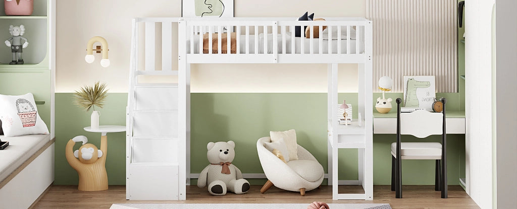 Letto a soppalco 90x200 cm con tavolo multifunzione in legno bianco
