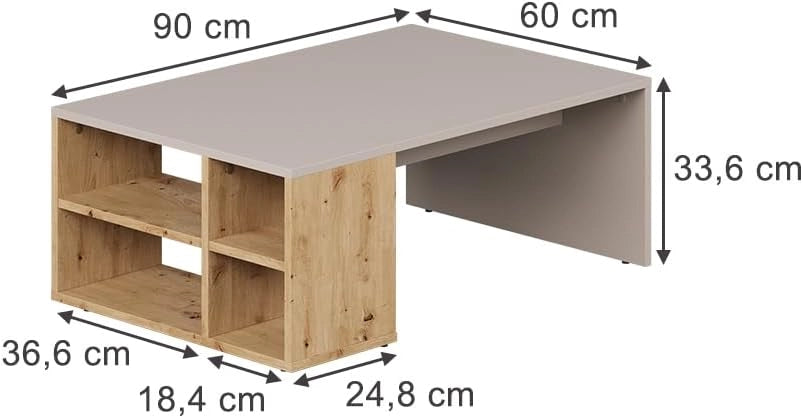 Tavolino da salotto Danny, Cachemire, 90 x 60 cm con ripiani, per la conservazione di libri e telecomandi