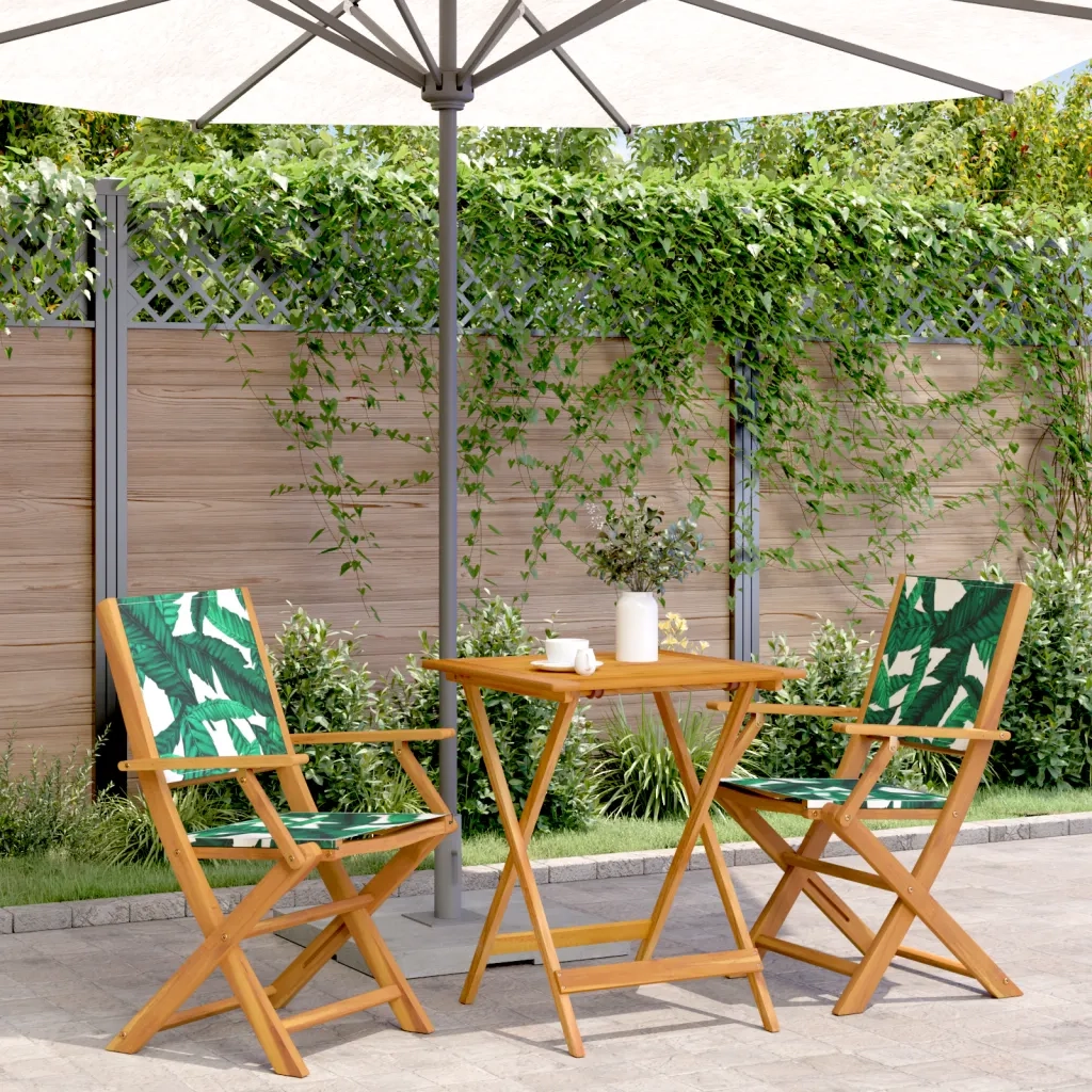 Set da Bistrot 3 pz | Set Salotto da Giardino Motivo Foglie in Tessuto e Legno Massello
