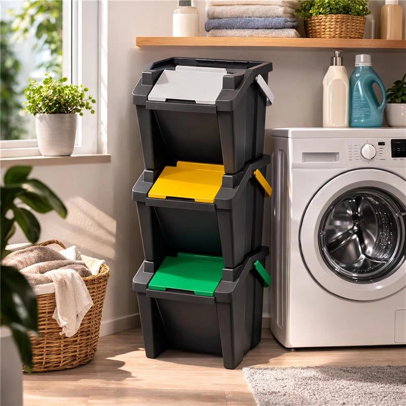 SET 3 PATTUMIERE MODULARI 30L NERE IMPILABILI 38X37X25/37 CM, TOWER RACCOLTA DIFFERENZIATA SALVASPAZIO CON APERTURA FRONTALE PER CUCINA E RIPOSTIGLIO