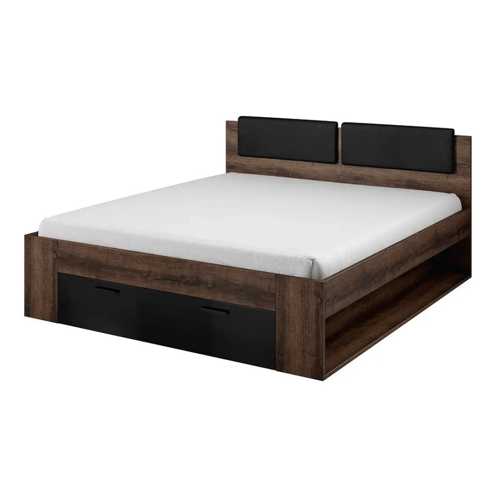 Camera da letto FLOYD: Armadio 200cm, Letto 140x200, cassettiera, comodini. Colore rovere scuro e nero lucido.