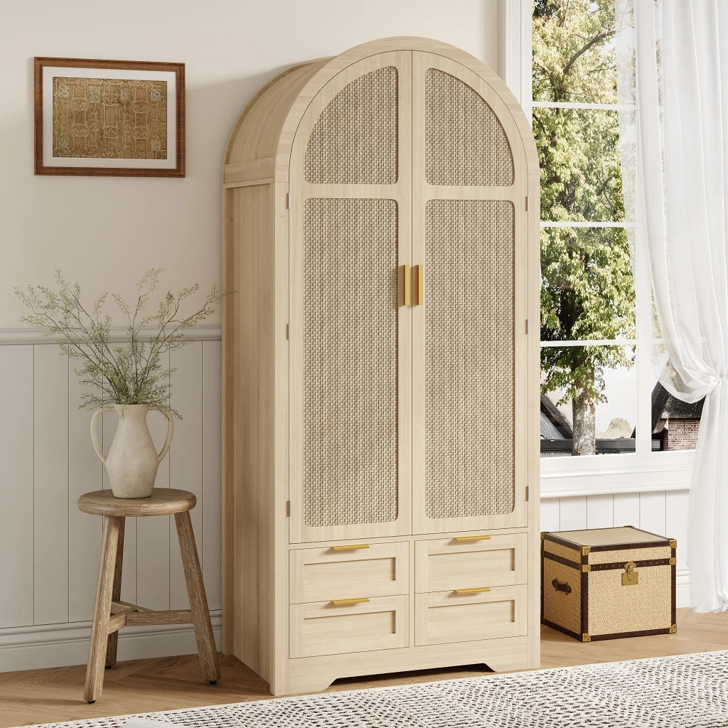 Armadio con ante curve, bastone appendiabiti e cassetti, in MDF rovere, per camera da letto e ingresso, 80 × 50 × 179 cm