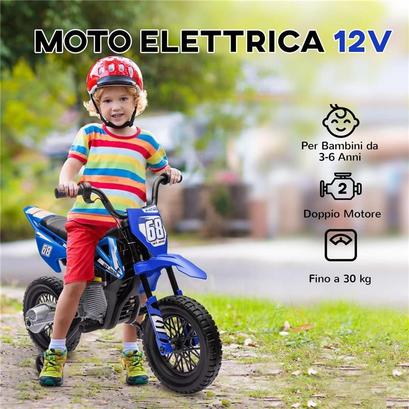 MOTO ELETTRICA PER BAMBINI CON ROTELLE RIMOVIBILI, SOSPENSIONI, SUONI E INDICATORE DI CARICA, BLU