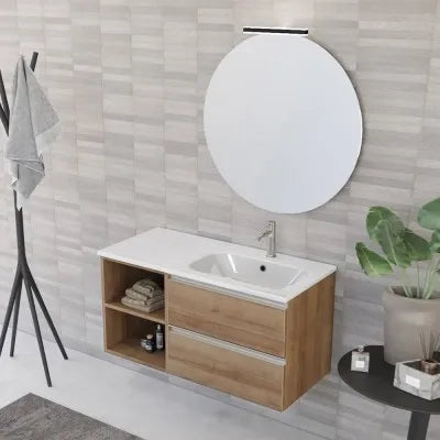 Mobile bagno sospeso 100 cm rovere miele con cassetti e vani a giorno completo di lavabo a destra e specchio contenitore Master
