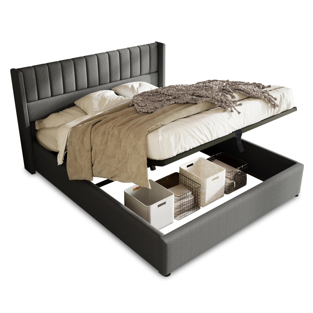 OKWISH Letto Contenitore 180×200 cm, Letto Matrimoniale con Contenitore, Testiera Imbottita e Doghe, senza Materasso, in Lino, Grigio