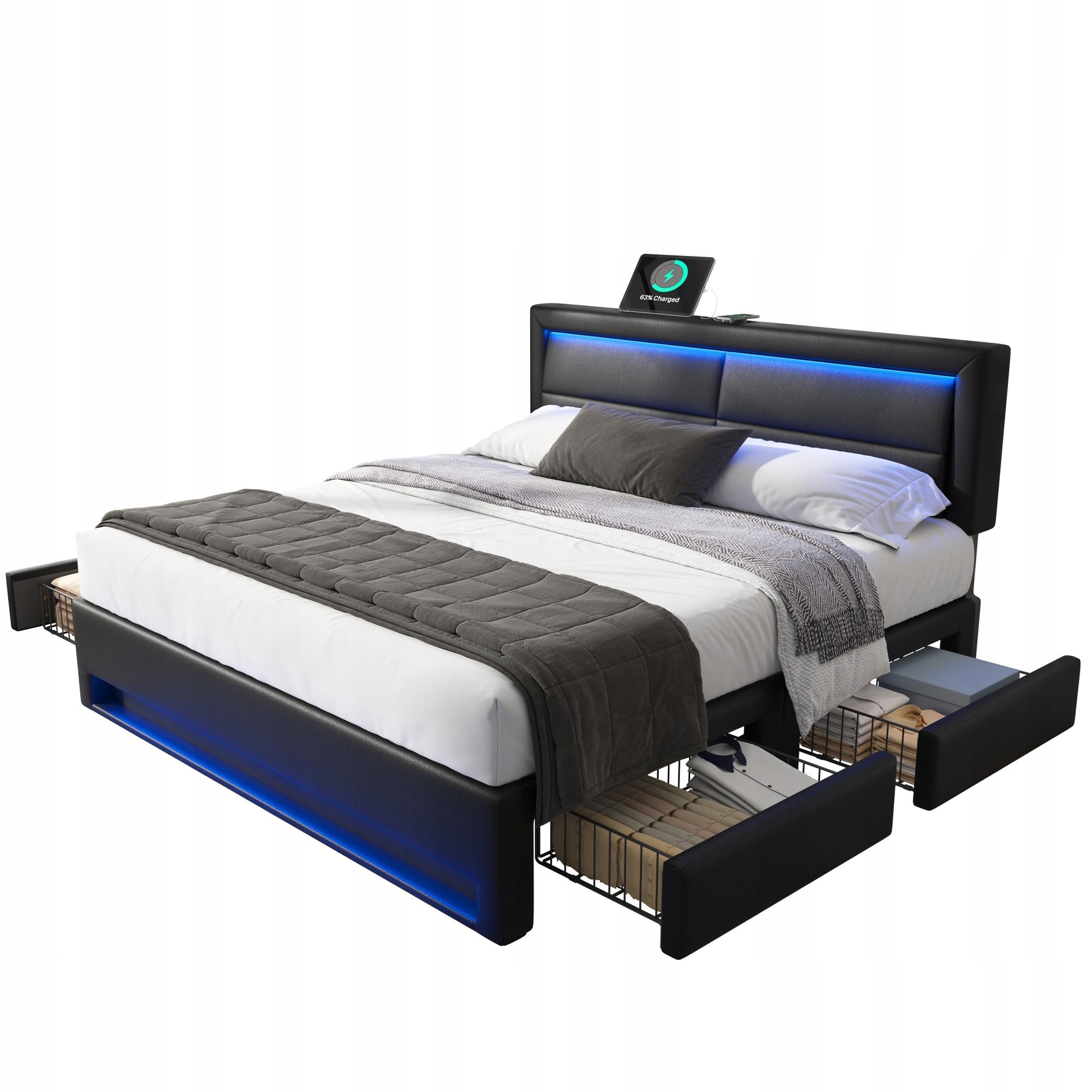 Letto 140x200cm - Xylo - USB, LED, 4 Cassetti, Pelle Nera