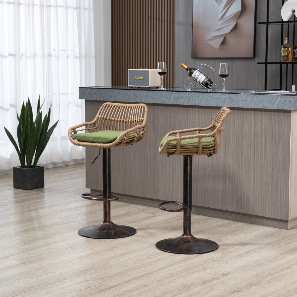 Sgabelli da Bar Girevoli in Rattan ¨C MINIMAL ¨C Set 2 Pezzi, Verde, Altezza Regolabile