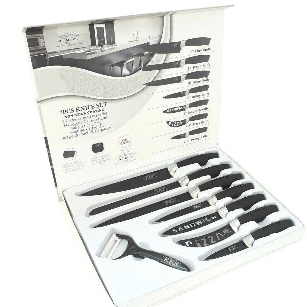 Trade Shop - Set 7 Coltelli Da Cucina In Acciaio Manico Antiscivolo Piu Pelapatate Black -