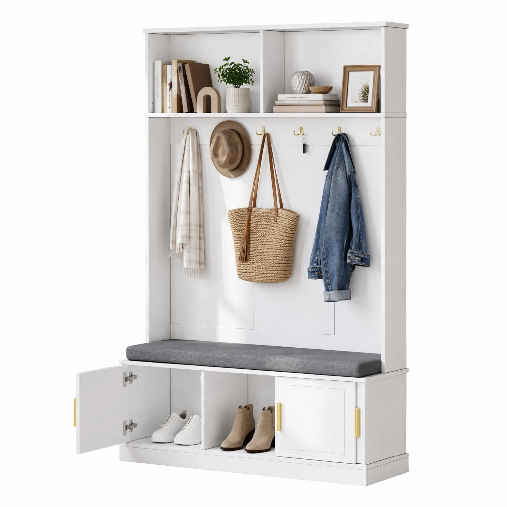 Garderoba da ingresso con panca e scarpiera; 6 ganci; 120x40x191 cm; bianco