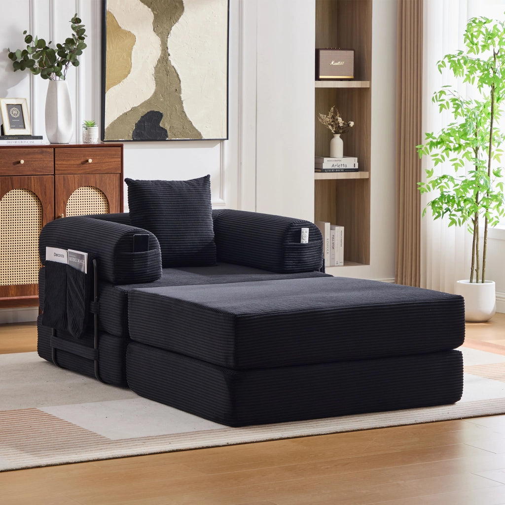 Divano modulare in velluto a coste con tasca laterale e cuscino, ergonomico e ad alta densità, nero