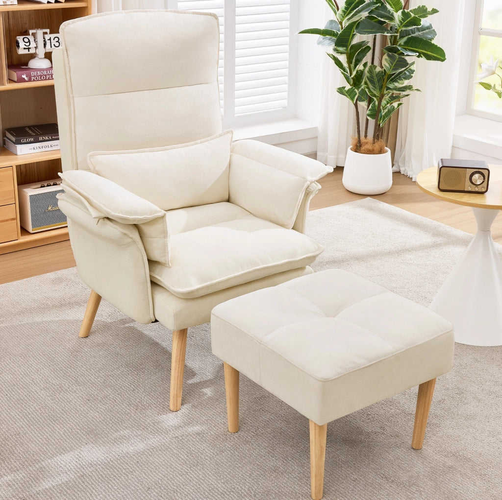 Poltrona relax con pouf; schienale 5 posizioni; beige in effetto lino
