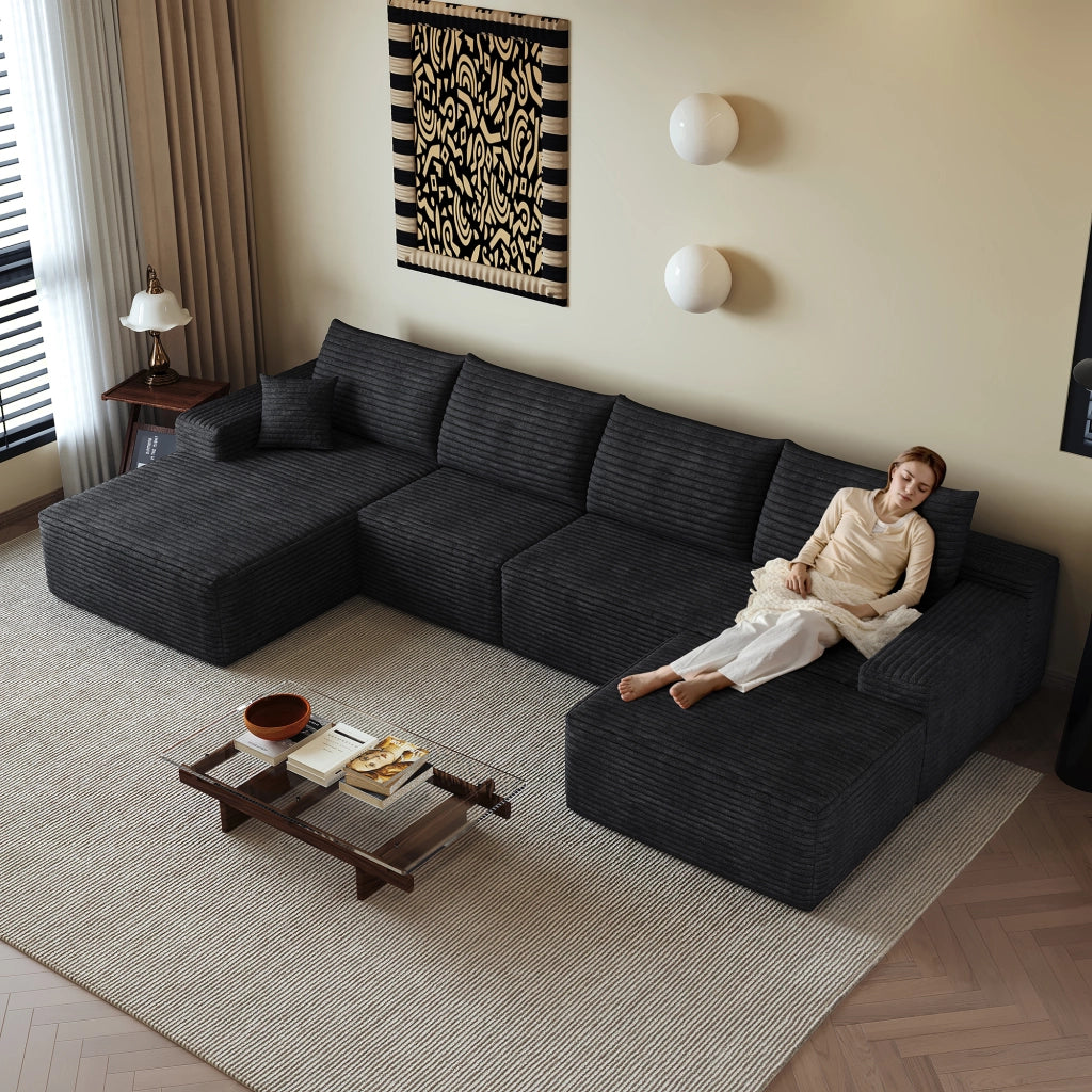 Divano angolare modulare in tessuto a coste con chaise longue, schiuma elastica e montaggio rapido nero