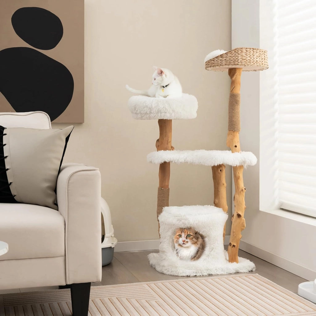 Albero per Gatti in Legno Alto 124 cm, Albero Tiragraffi per Gatti in Legno Massello con Pali di Corda di Juta, Torre Moderno per Animali Domestici Interni a 5 Livelli (Bianco)