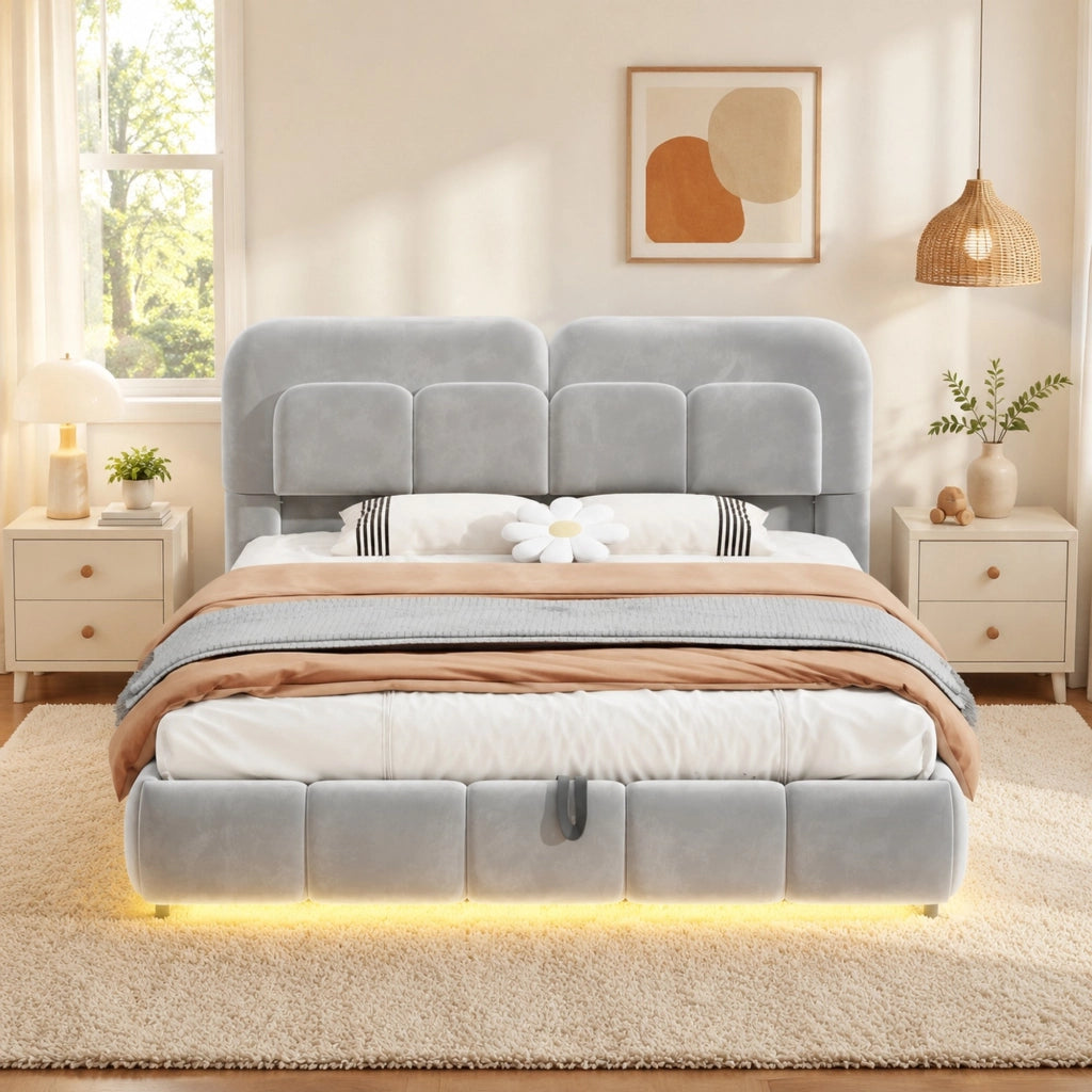 DESMIU Letto contenitore matrimoniale 140 × 200 cm con vano idraulico e LED, senza materasso, velluto grigio