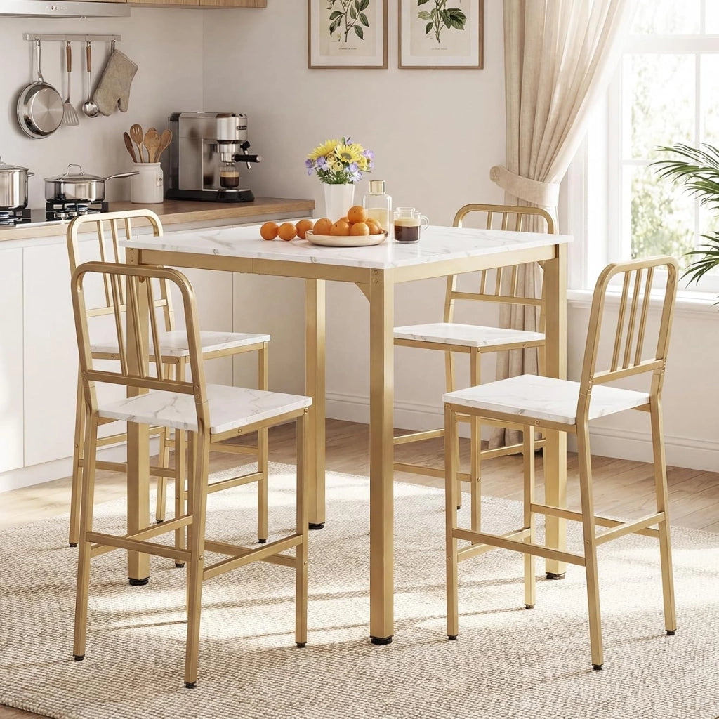 Set da Pranzo per 4 Persone, Set Cucina Bar 5 Pezzi con Superficie in Finto Marmo, Tavolo Quadrato in Legno e 4 Sgabelli Alti per Angolo Colazione e Sala da Pranzo (Bianco)