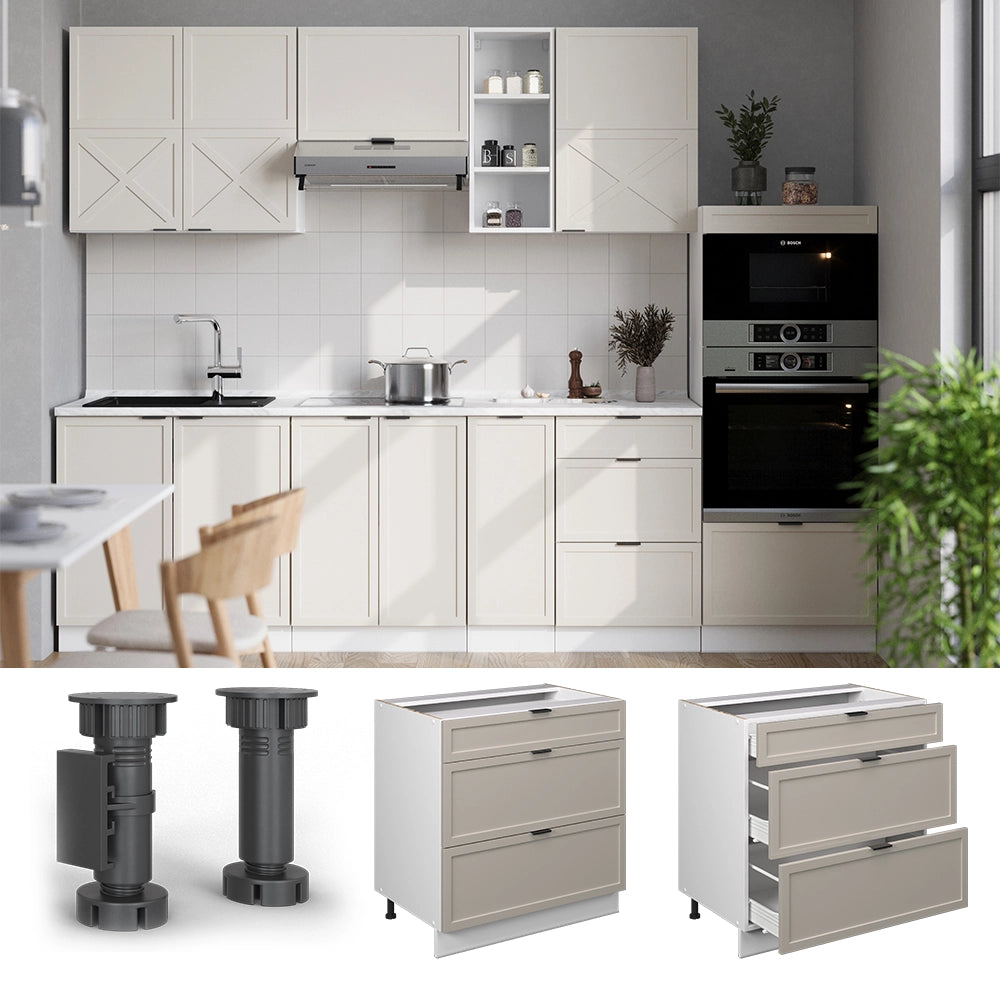 Mobiletto base per cucina Fame-Line GrigioBeige/Bianco 80 cm con 3 cassetti, PL Rovere Vicco