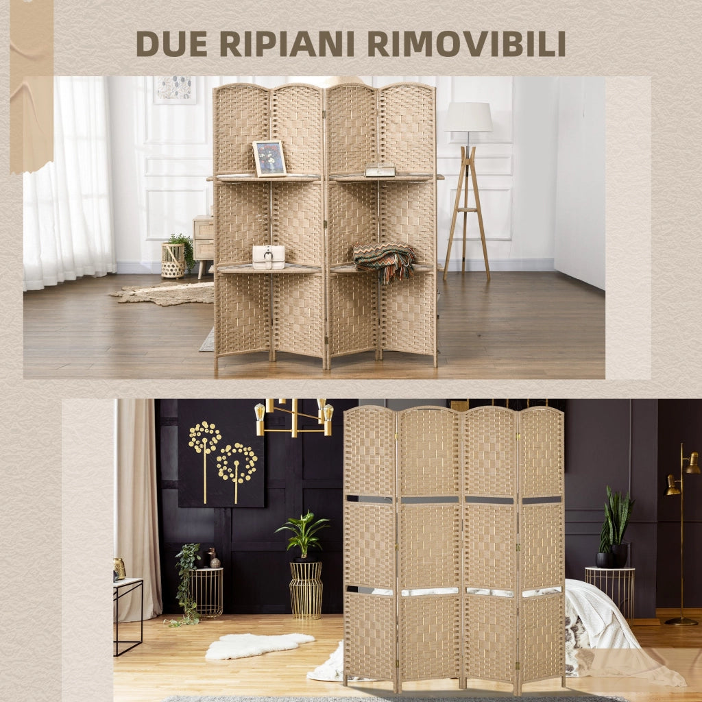 Paravento a 4 Ante Pieghevole con Mensole 160x170 cm Legno di Pino