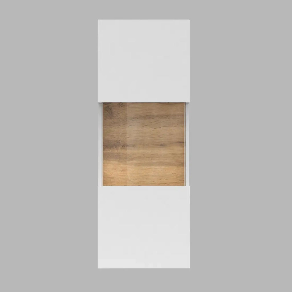 Piccola vetrina sospesa a 1 anta parzialmente vetrata collezione EVA. Colore bianco opaco e rovere.