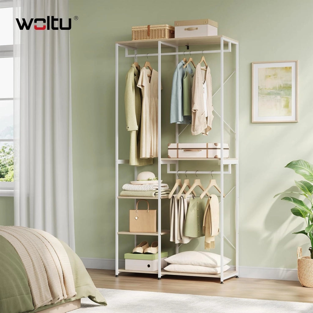 Porta Abiti in MDF e Acciaio, Appendiabiti con Scaffali, Attaccapanni Moderno, Guardaroba Armadio Bianco 90x40x204,5 cm