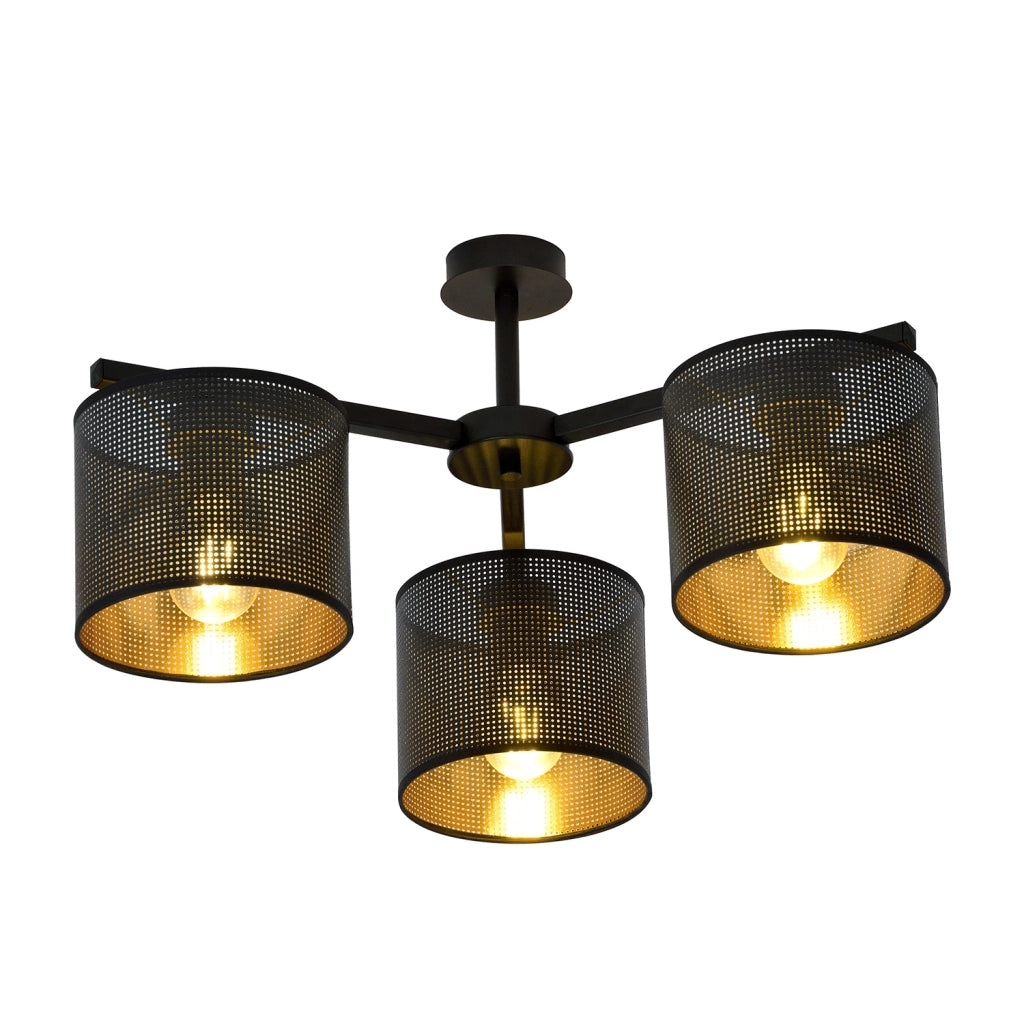 Plafoniera Industrial 3 Luci Puro Acciaio Nero E Paralumi A Cilindro Oro