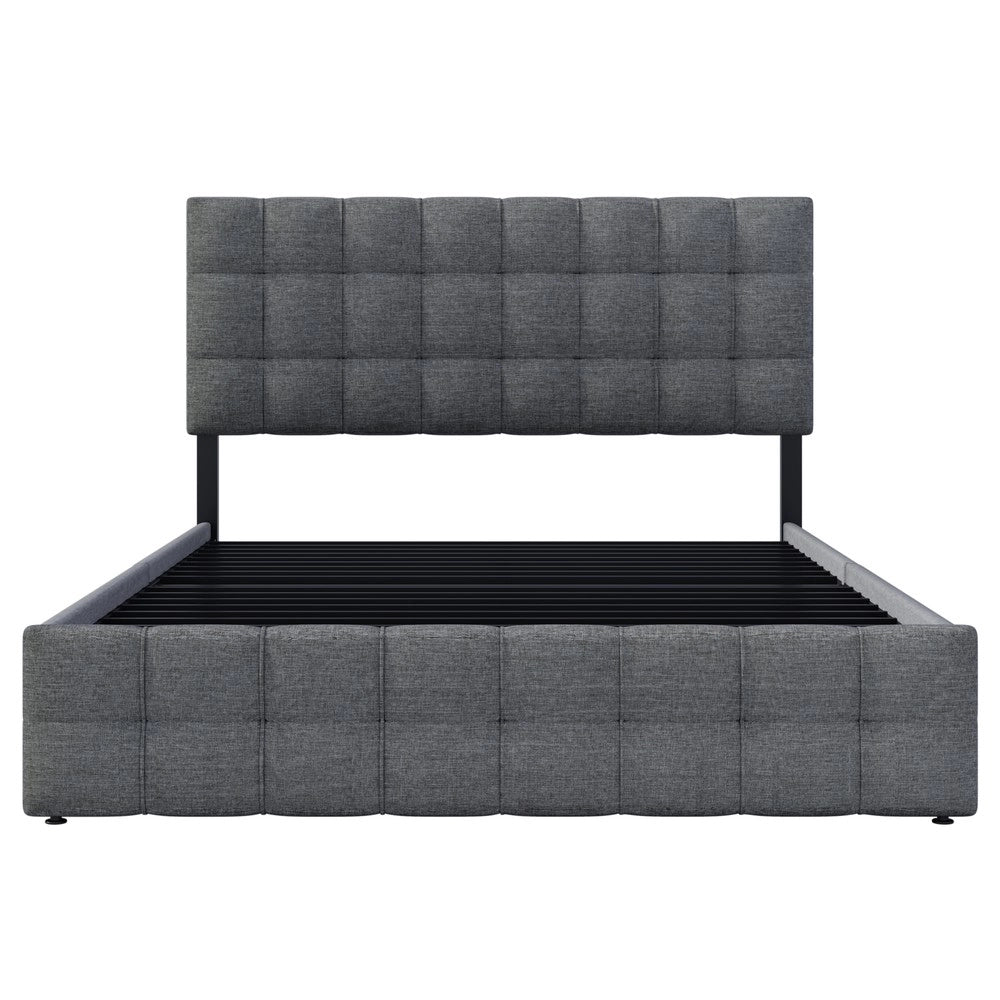 Letto Imbottito Contenitore con 4 Cassetti e Testiera ¨C MINIMAL ¨C 140x200, Grigio, con Materasso